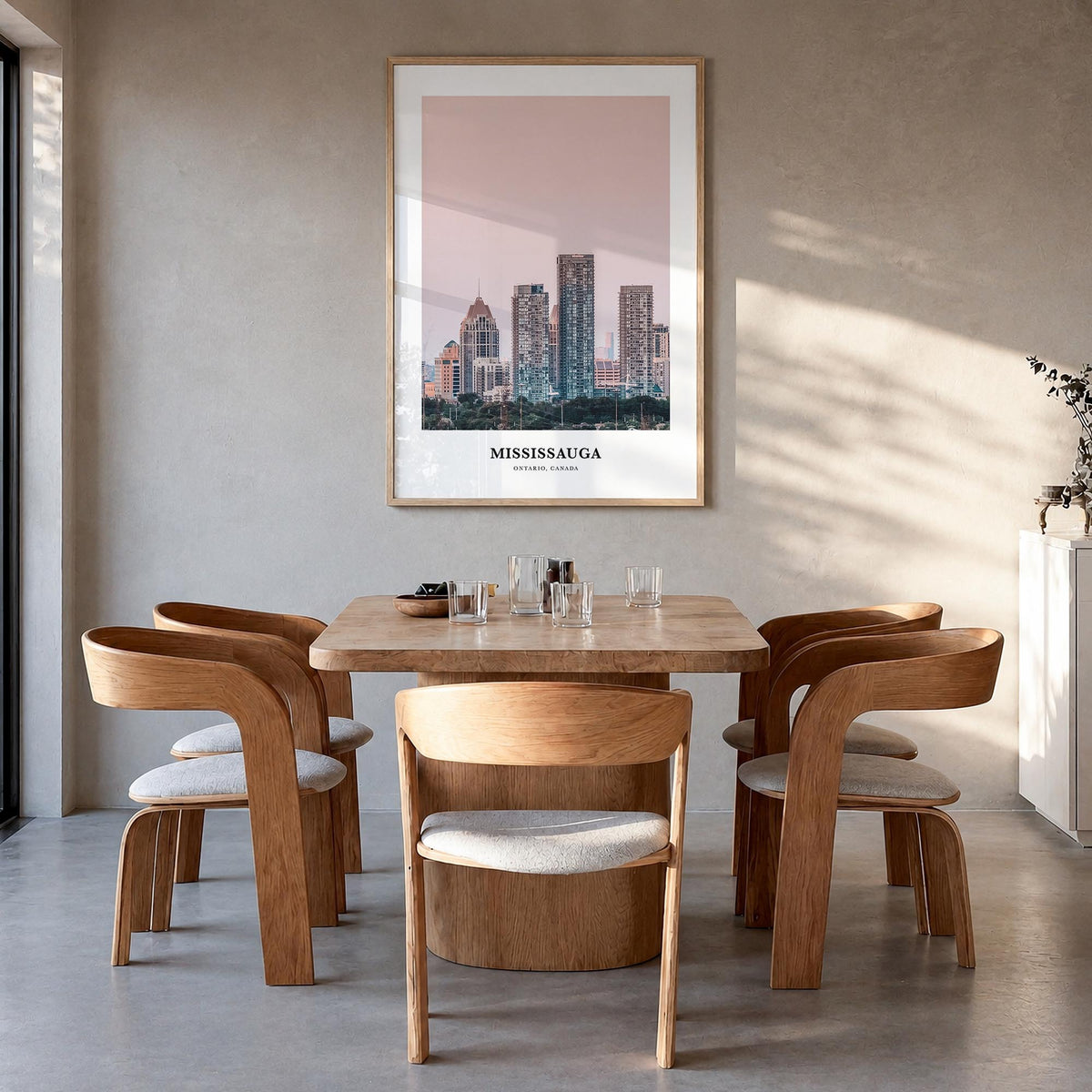 Mississauga colorful classic poster of Canada – vertical wall art in natural wood frame, hanging on wall