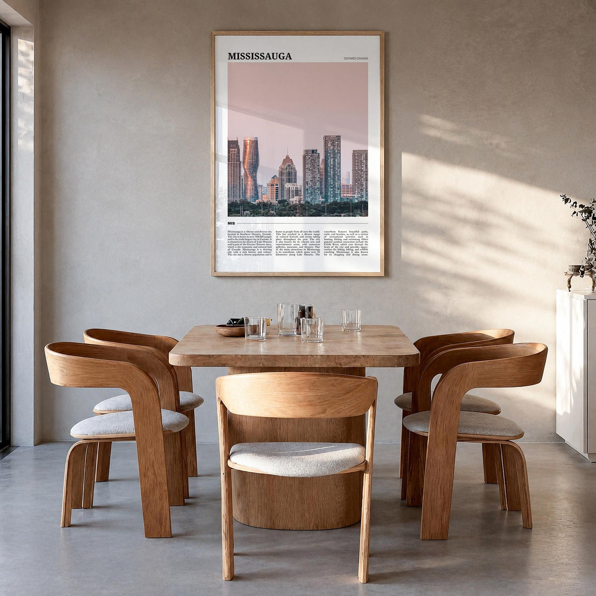Mississauga colorful travel poster of Canada – vertical wall art in natural wood frame, hanging on wall