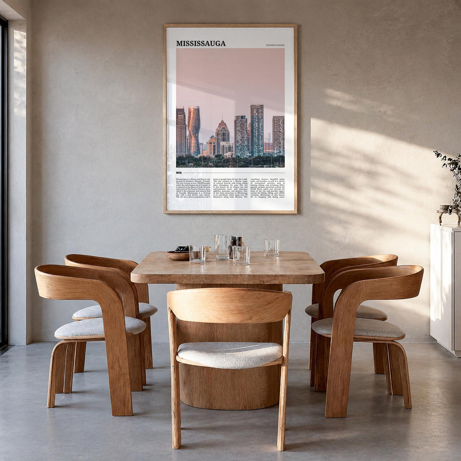 Mississauga colorful travel poster of Canada – vertical wall art in natural wood frame, hanging on wall