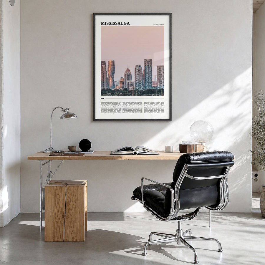 Mississauga Travel Poster in a black wood frame, hanging in a bright home office