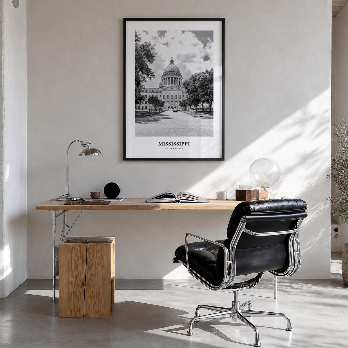 Mississippi black & white classic poster of United States – vertical wall art in black wood frame, hanging on wall