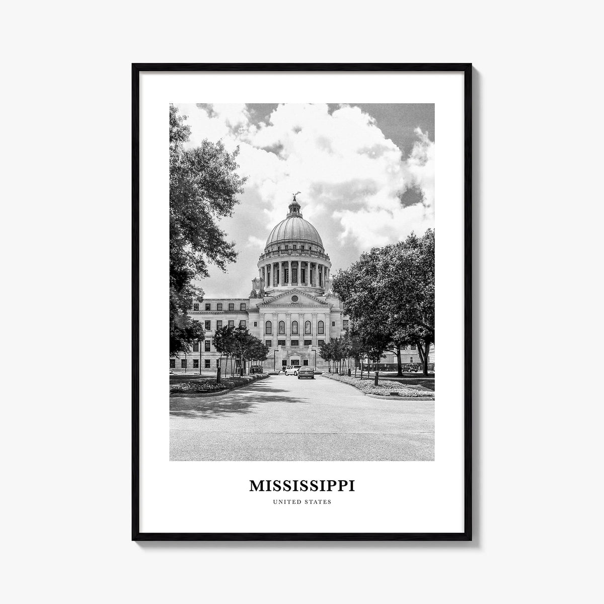 Mississippi black & white classic poster of United States – vertical wall art, unframed print shown in interior mockup