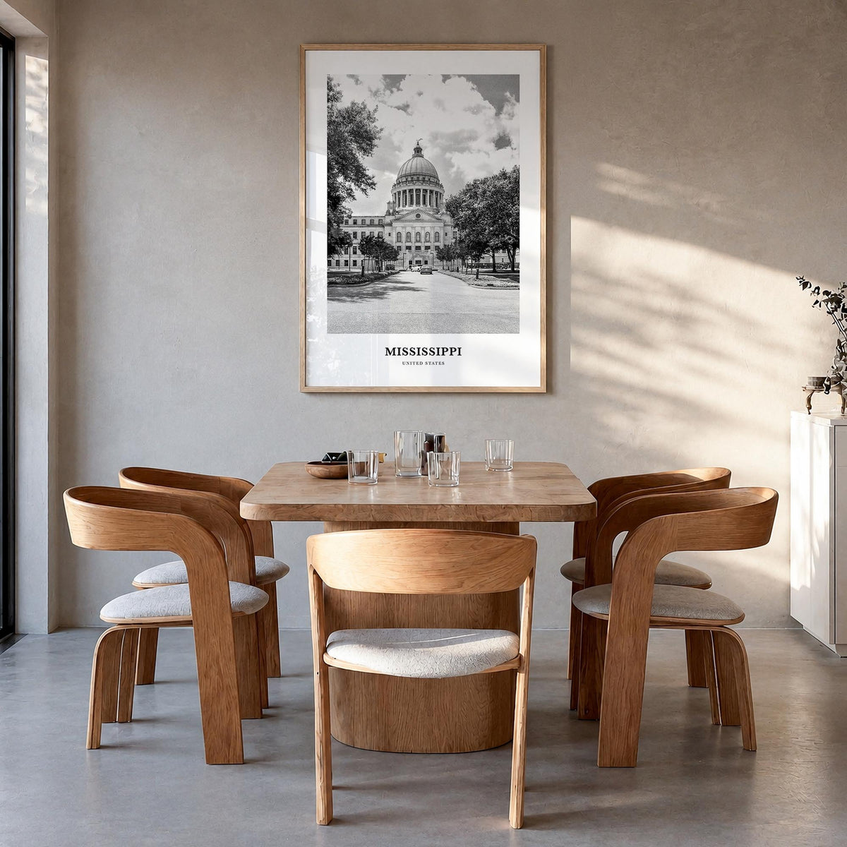 Mississippi black & white classic poster of United States – vertical wall art in natural wood frame, hanging on wall