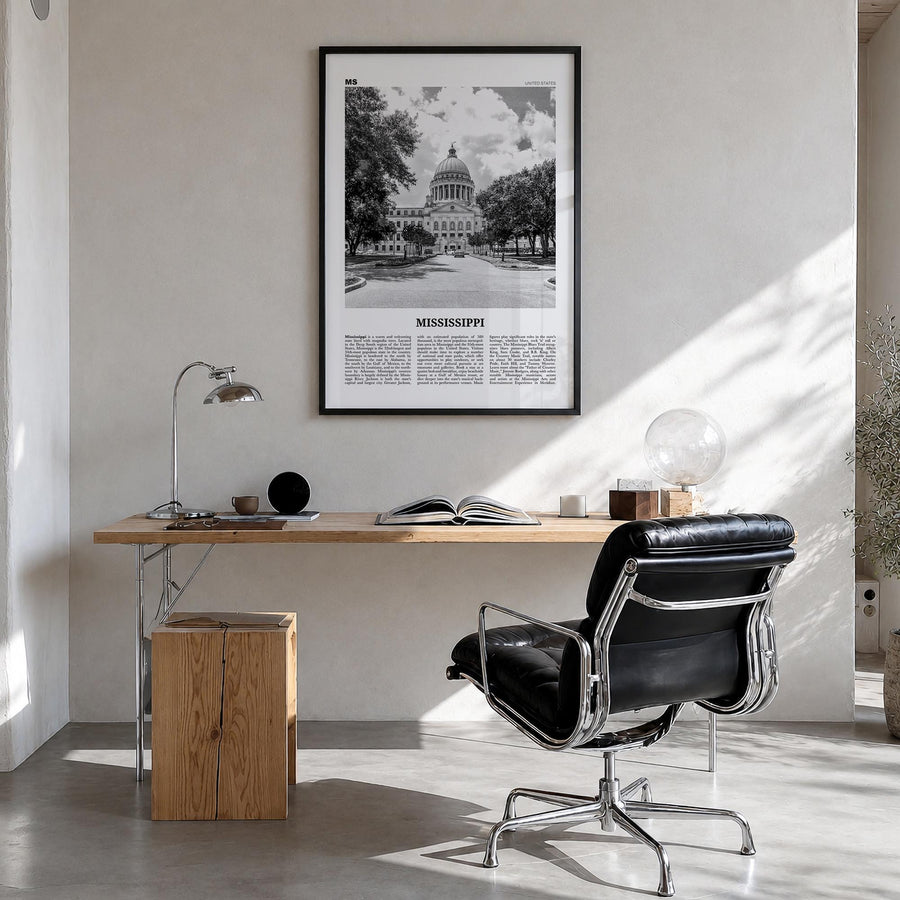 Mississippi no. 1 black & white newspaper poster of United States – vertical wall art in black wood frame, hanging on wall