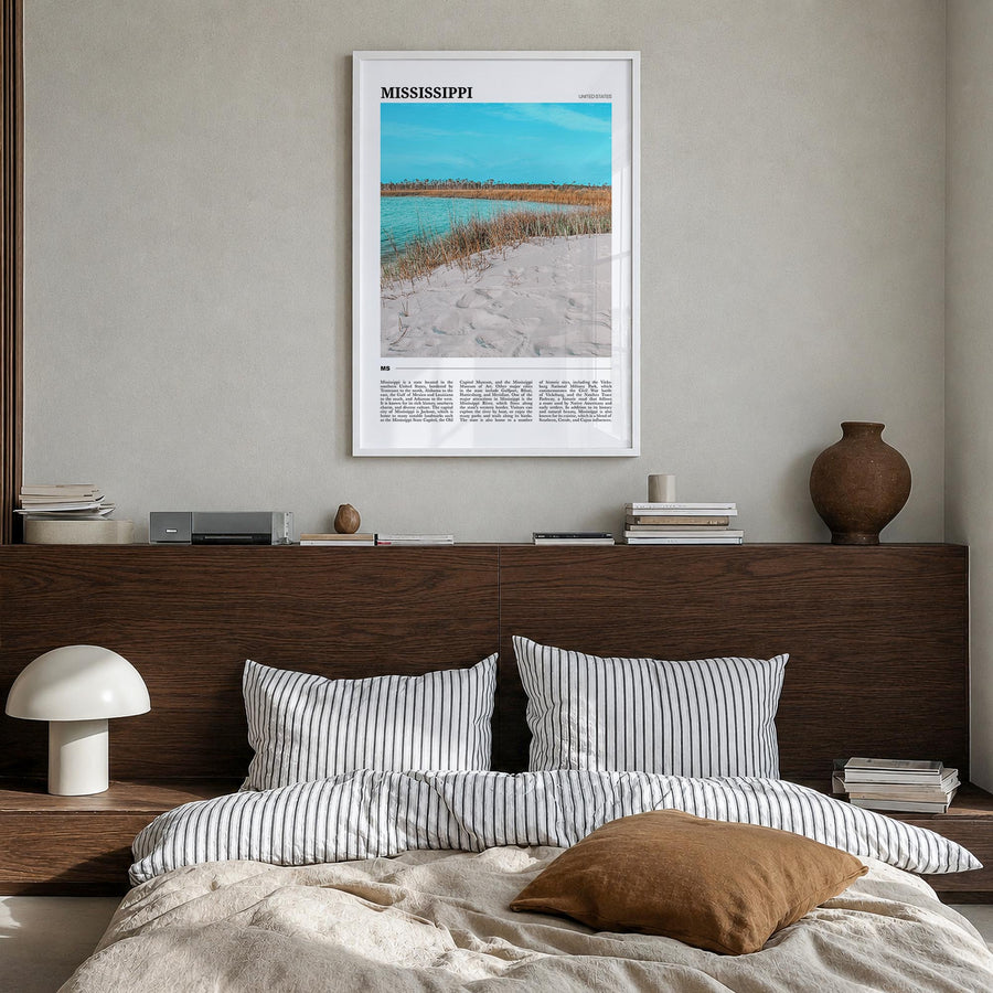 Mississippi no. 1 colorful travel poster of United States – vertical wall art in white wood frame, hanging on wall