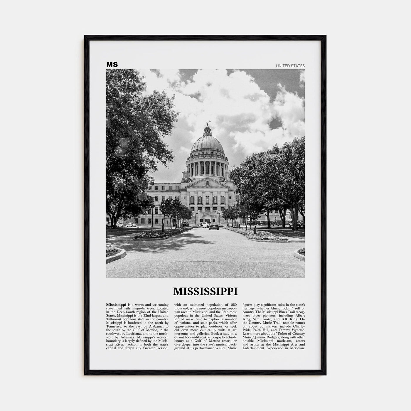 Mississippi No 1 Poster Black Wood / 8x12 in Nbourhood Travel B&W Poster