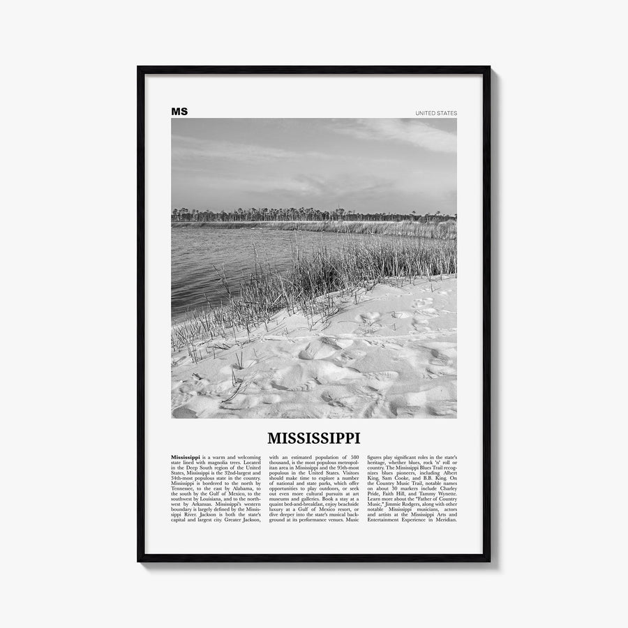 Mississippi no. 2 black & white newspaper poster of United States – vertical wall art, unframed print shown in interior mocku