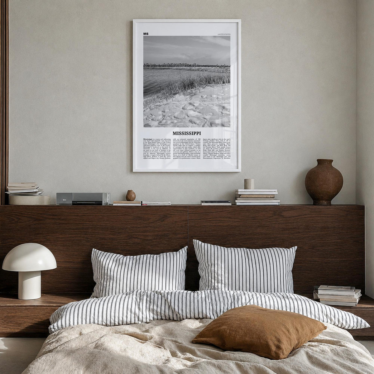 Mississippi no. 2 black & white newspaper poster of United States – vertical wall art in white wood frame, hanging on wall