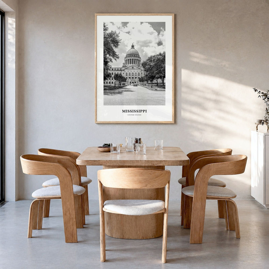 Mississippi Classic Poster in a natural wood frame, hanging in a dining room