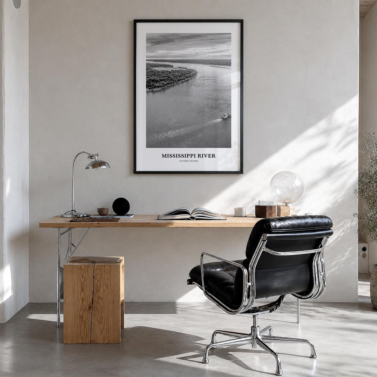 Mississippi River black & white classic poster of United States – vertical wall art in black wood frame, hanging on wall