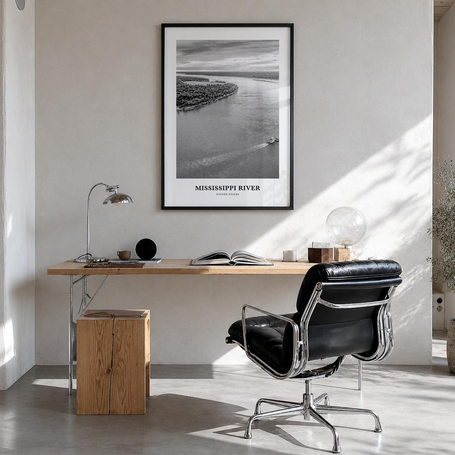 Mississippi River black & white classic poster of United States – vertical wall art in black wood frame, hanging on wall