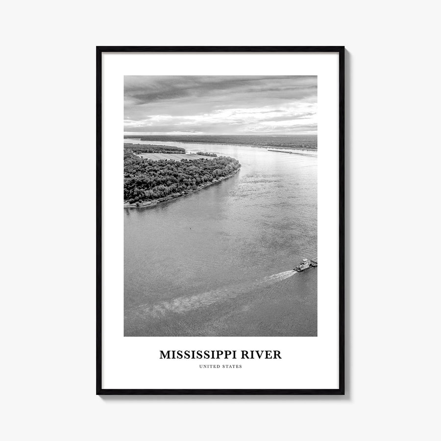 Mississippi River black & white classic poster of United States – vertical wall art, unframed print shown in interior mockup