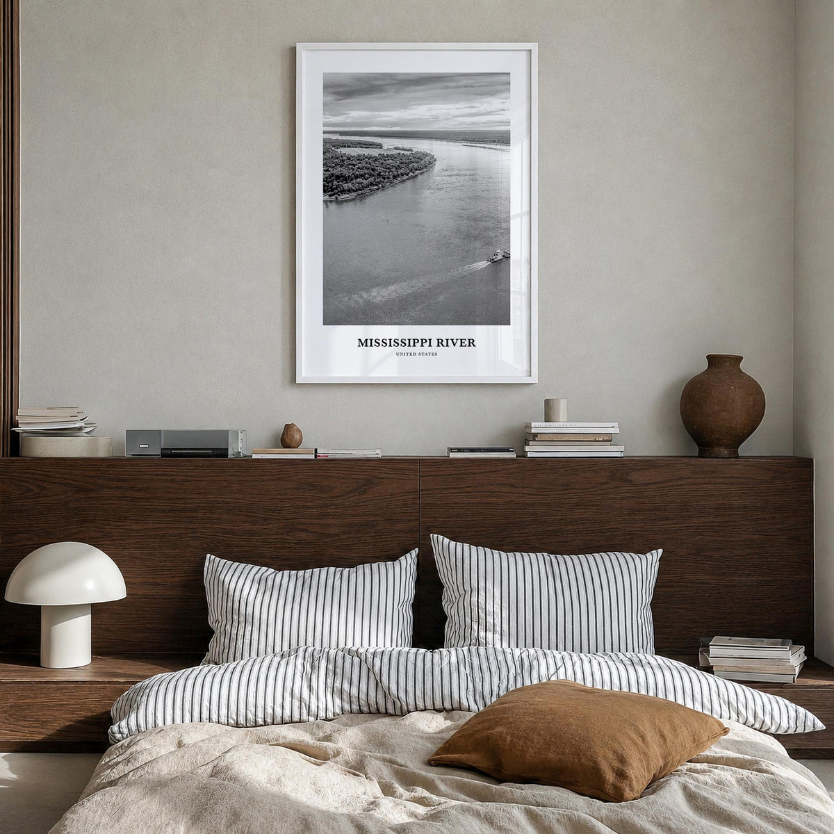 Mississippi River black & white classic poster of United States – vertical wall art in white wood frame, hanging on wall