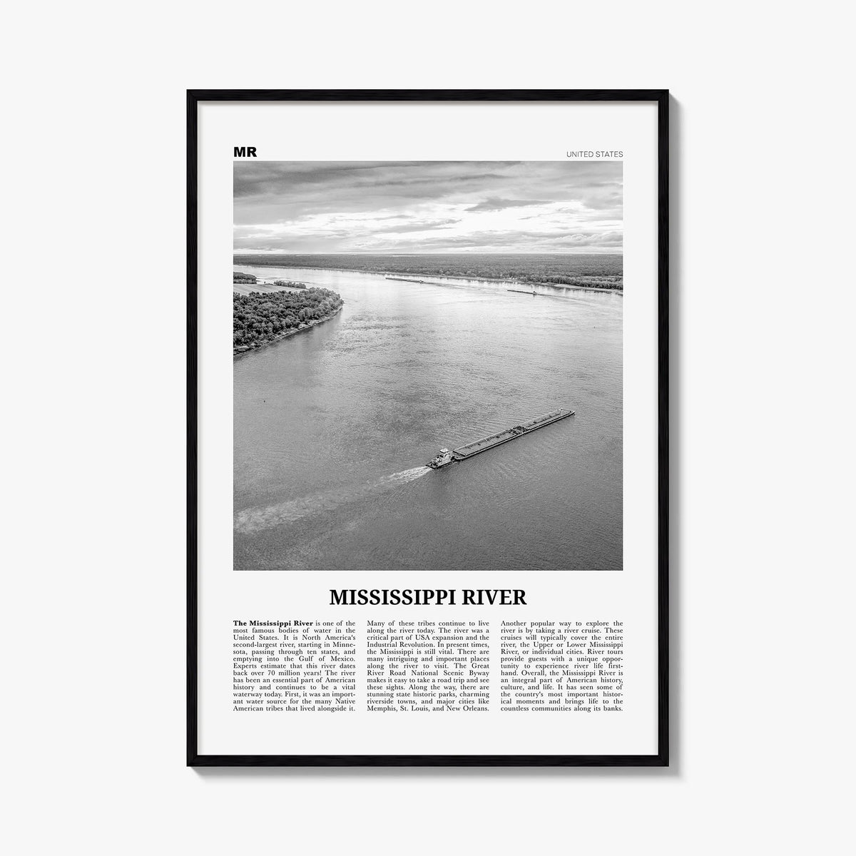 Mississippi River black & white newspaper poster of United States – vertical wall art, unframed print shown in interior mocku