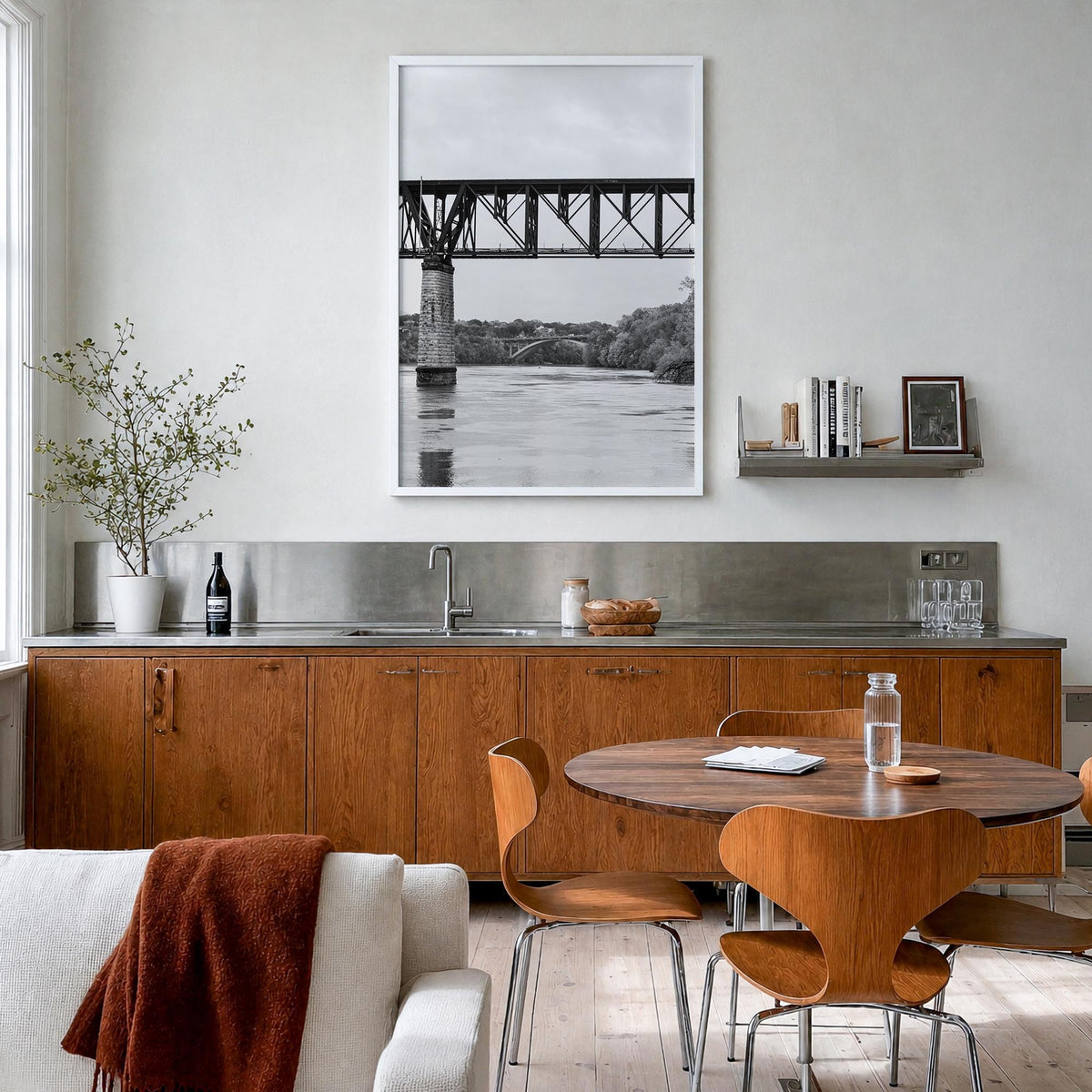Mississippi River black & white photo poster of United States – vertical wall art in white wood frame, hanging on wall