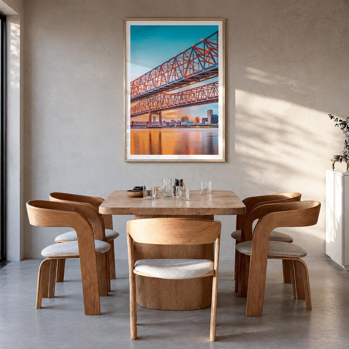 Mississippi River colorful photo poster of United States – vertical wall art in natural wood frame with white border, hanging