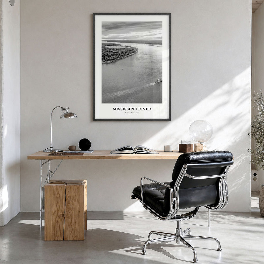 Mississippi River Classic Poster in a black wood frame, hanging in a bright home office