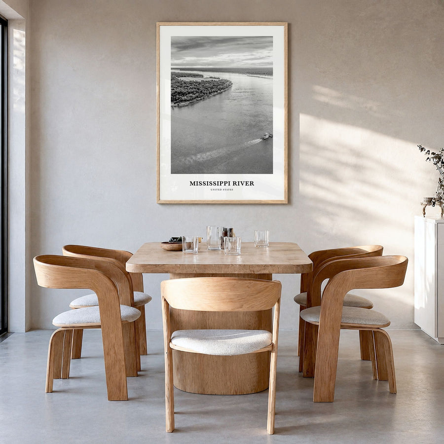 Mississippi River Classic Poster in a natural wood frame, hanging in a dining room