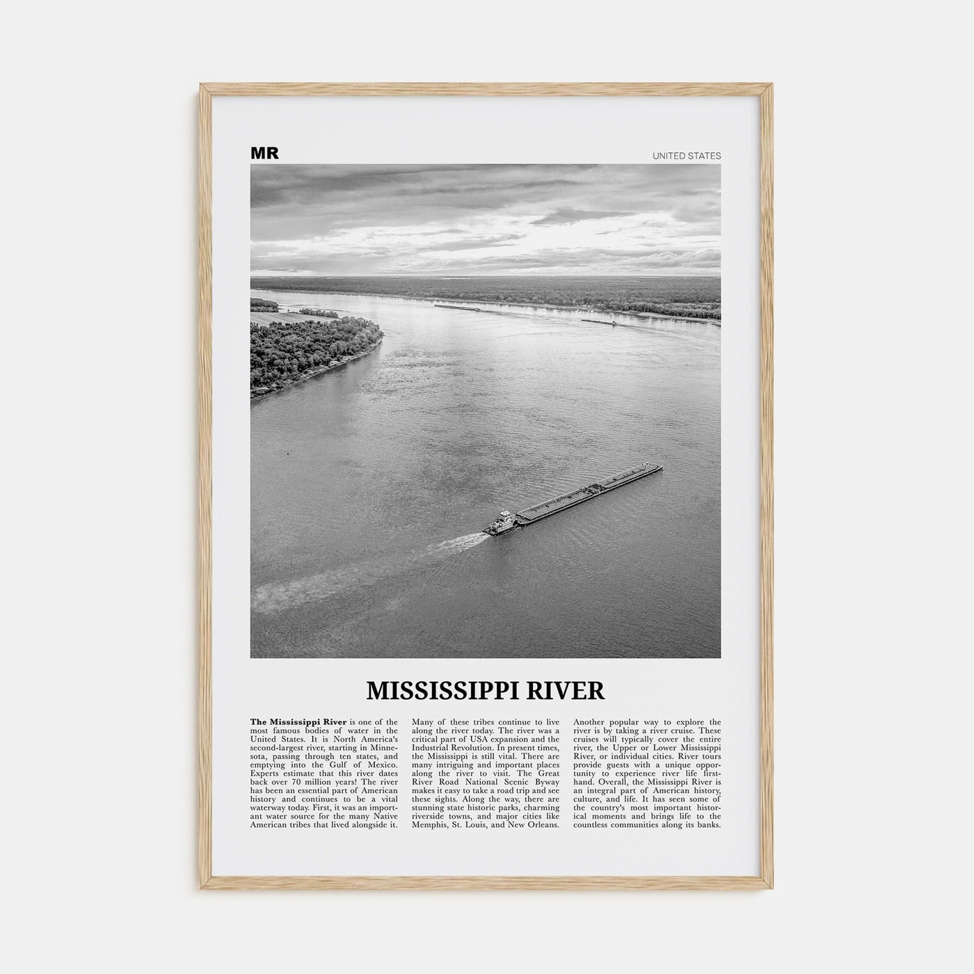 Mississippi River Poster Natural Wood / 8x12 in Nbourhood Travel B&W Poster