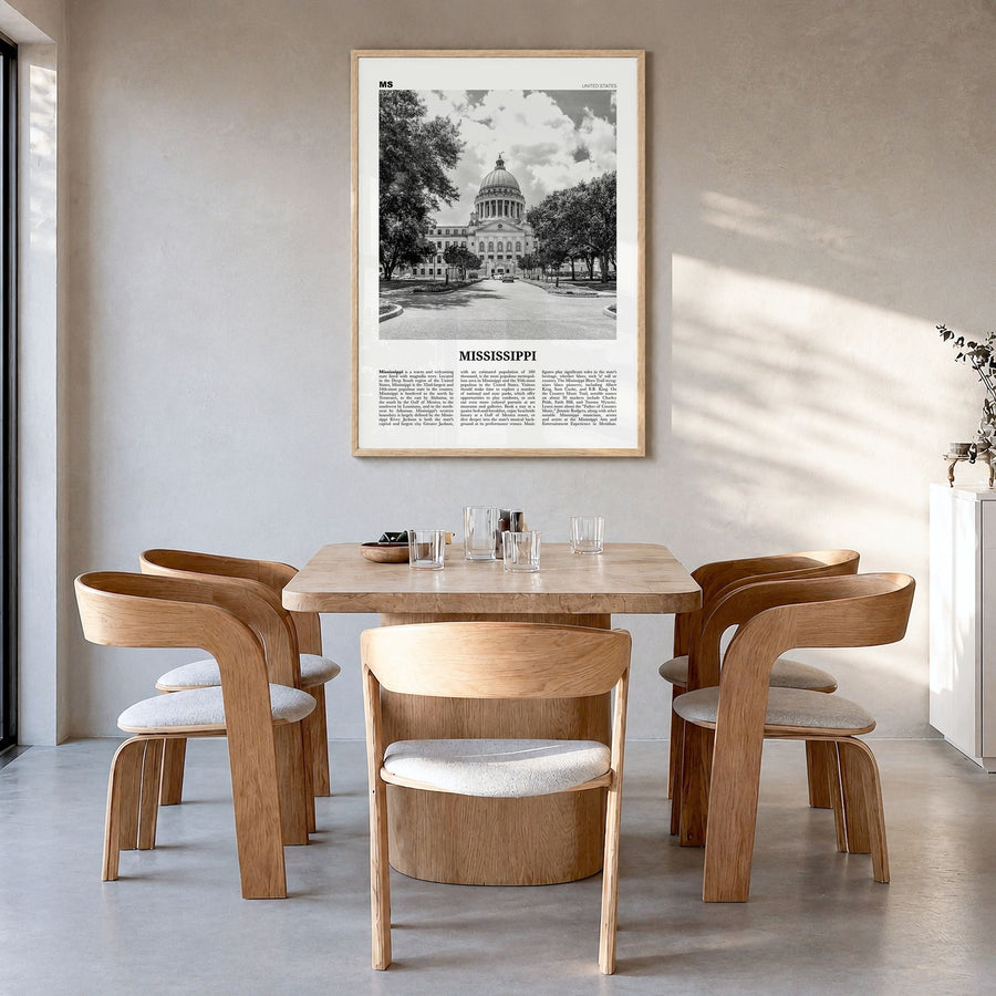 Mississippi Newspaper No 1 Poster in a natural wood frame, hanging in a dining room