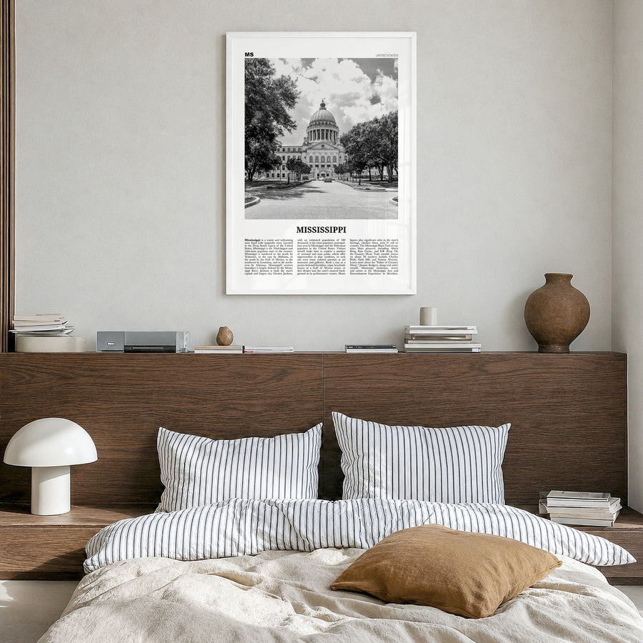 Mississippi Newspaper No 1 Poster in a white wood frame, hanging in a bedroom