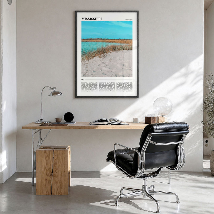Mississippi Travel No 1 Poster in a black wood frame, hanging in a bright home office