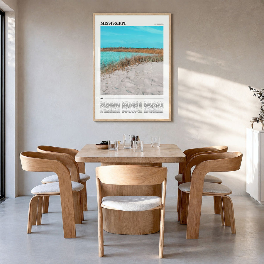 Mississippi Travel No 1 Poster in a natural wood frame, hanging in a dining room