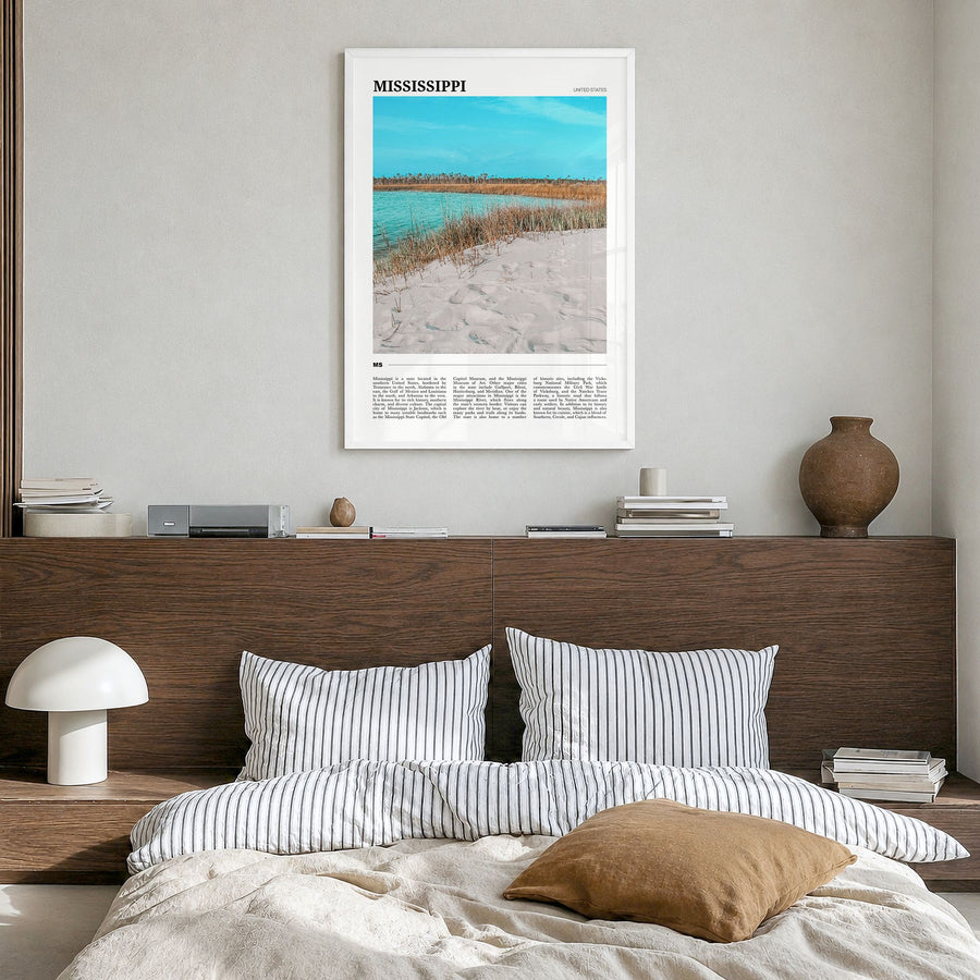 Mississippi Travel No 1 Poster in a white wood frame, hanging in a bedroom