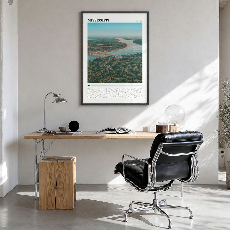 Mississippi Travel No 2 Poster in a black wood frame, hanging in a bright home office