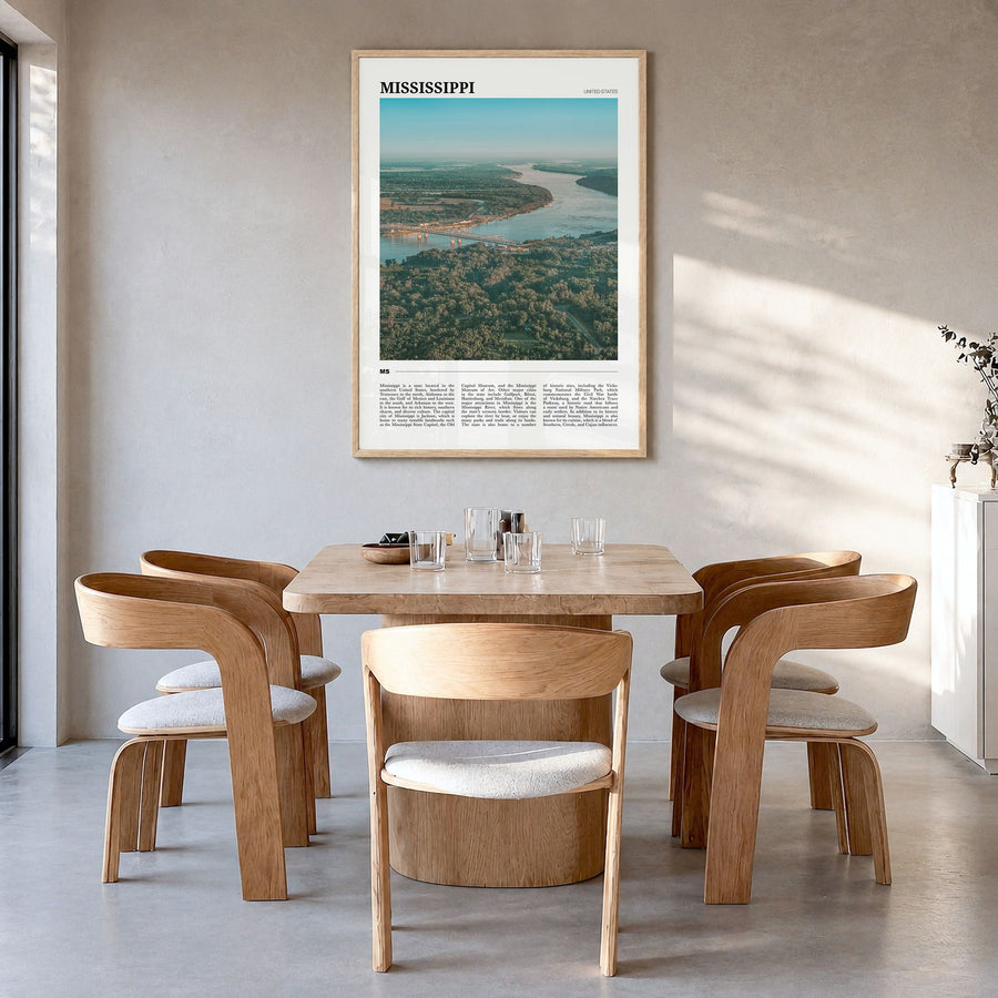 Mississippi Travel No 2 Poster in a natural wood frame, hanging in a dining room