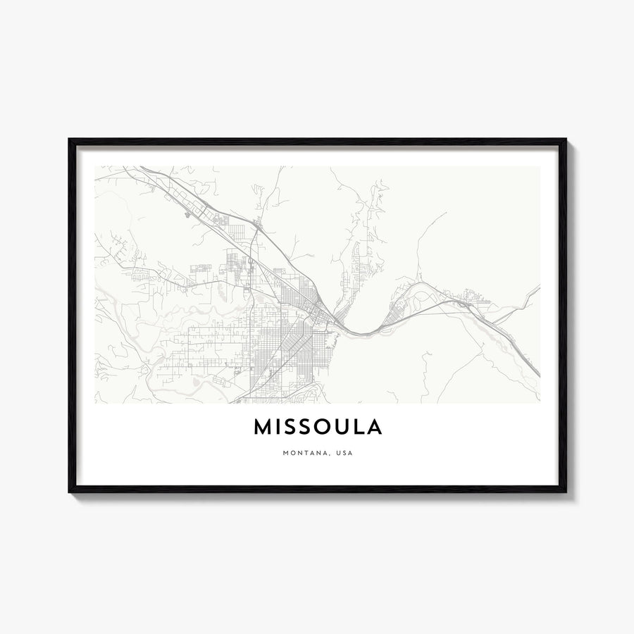 Missoula black & white map poster of Montana, USA – horizontal wall art, unframed print shown in interior mockup
