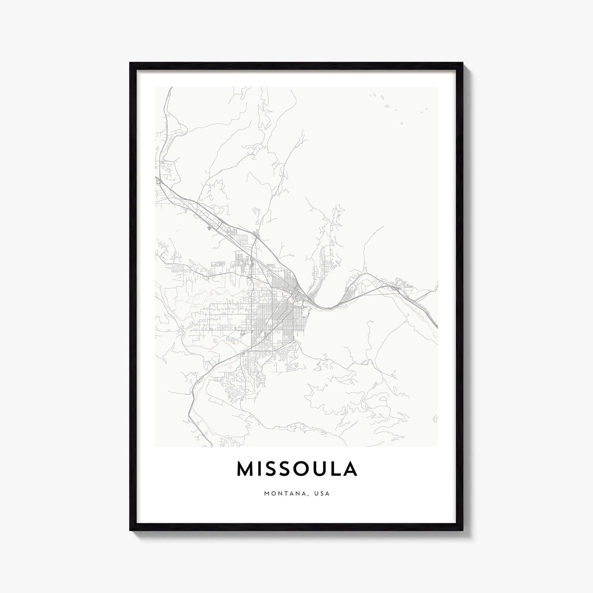 Missoula black & white map poster of Montana, USA – vertical wall art, unframed print shown in interior mockup