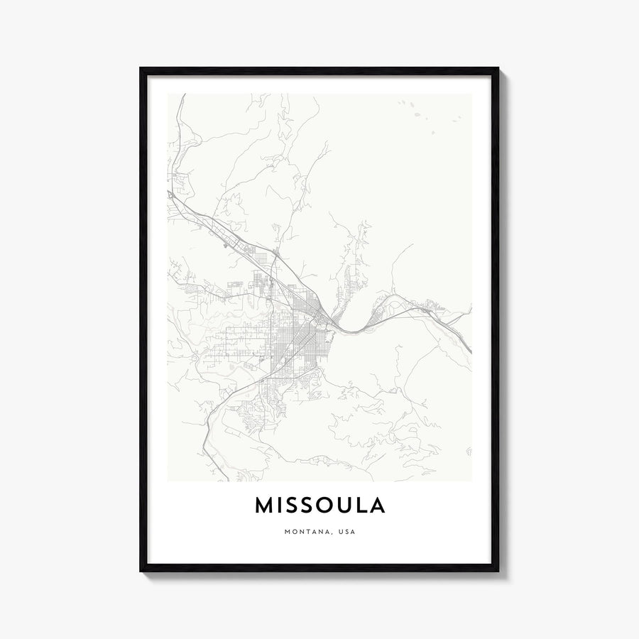 Missoula black & white map poster of Montana, USA – vertical wall art, unframed print shown in interior mockup