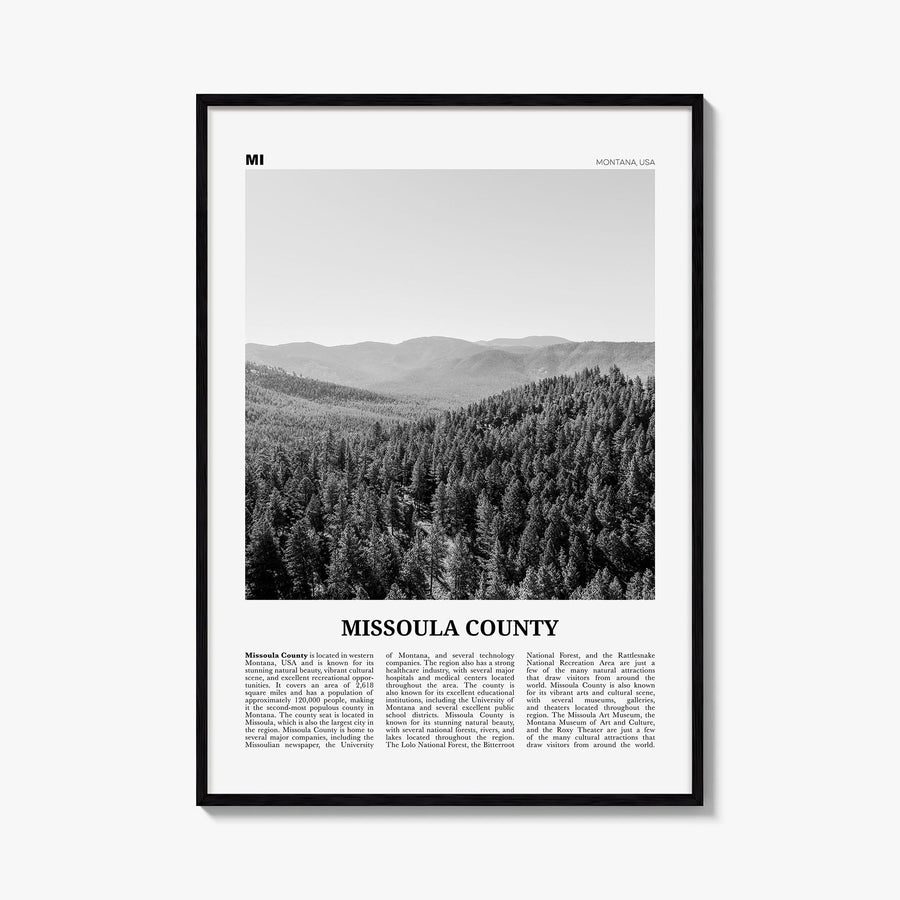 Missoula County black & white newspaper poster of Montana, USA – vertical wall art, unframed print shown in interior mockup