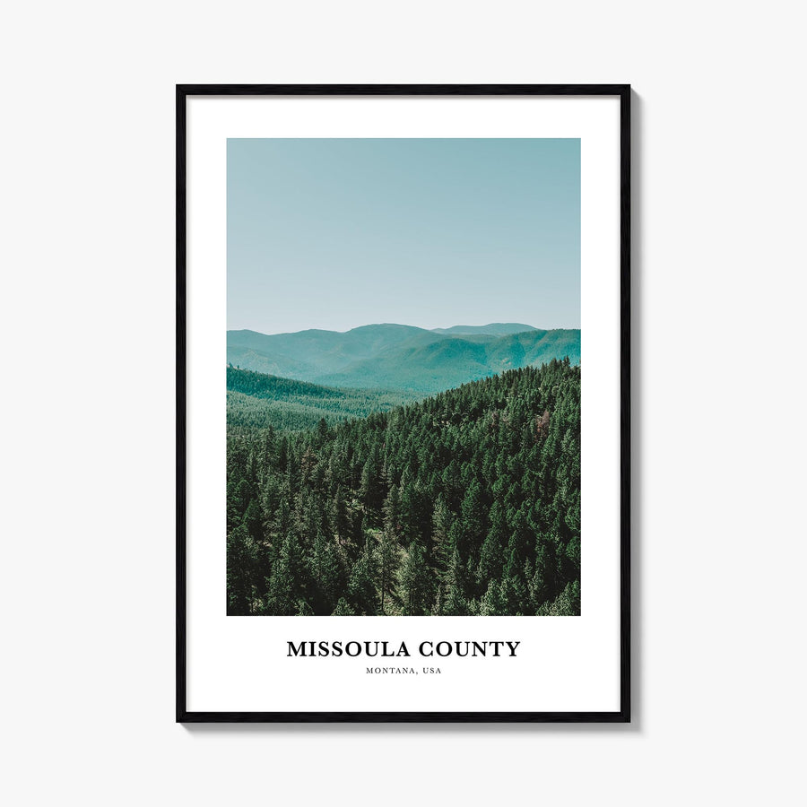 Missoula County colorful classic poster of Montana, USA – vertical wall art, unframed print shown in interior mockup
