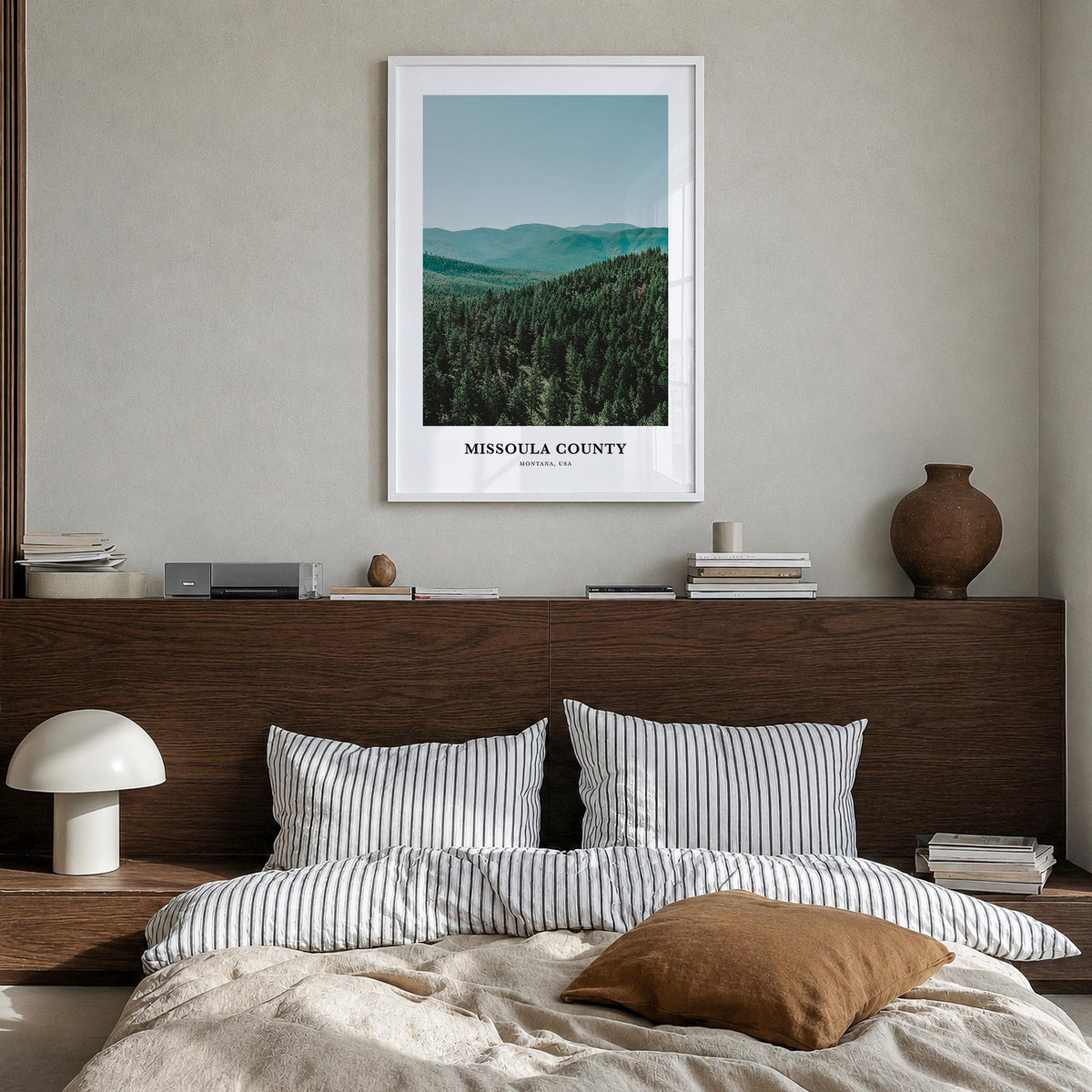 Missoula County colorful classic poster of Montana, USA – vertical wall art in white wood frame, hanging on wall