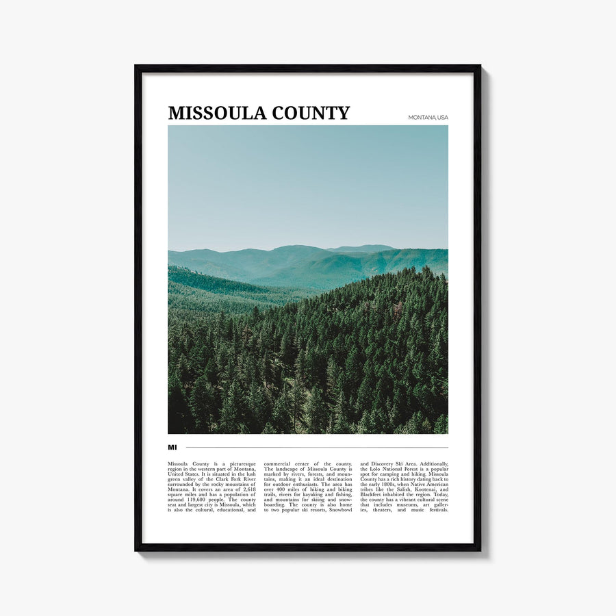 Missoula County colorful travel poster of Montana, USA – vertical wall art, unframed print shown in interior mockup