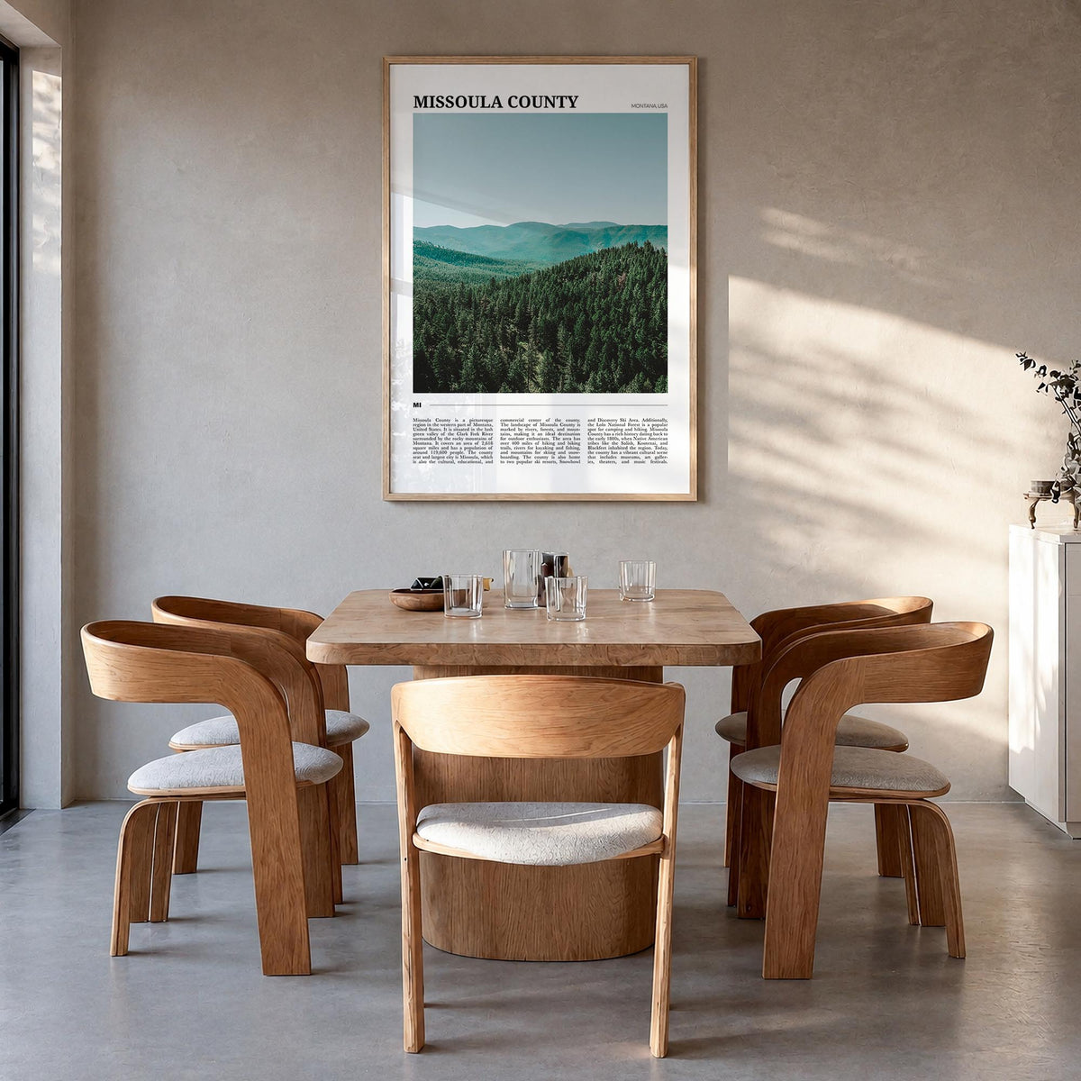 Missoula County colorful travel poster of Montana, USA – vertical wall art in natural wood frame, hanging on wall