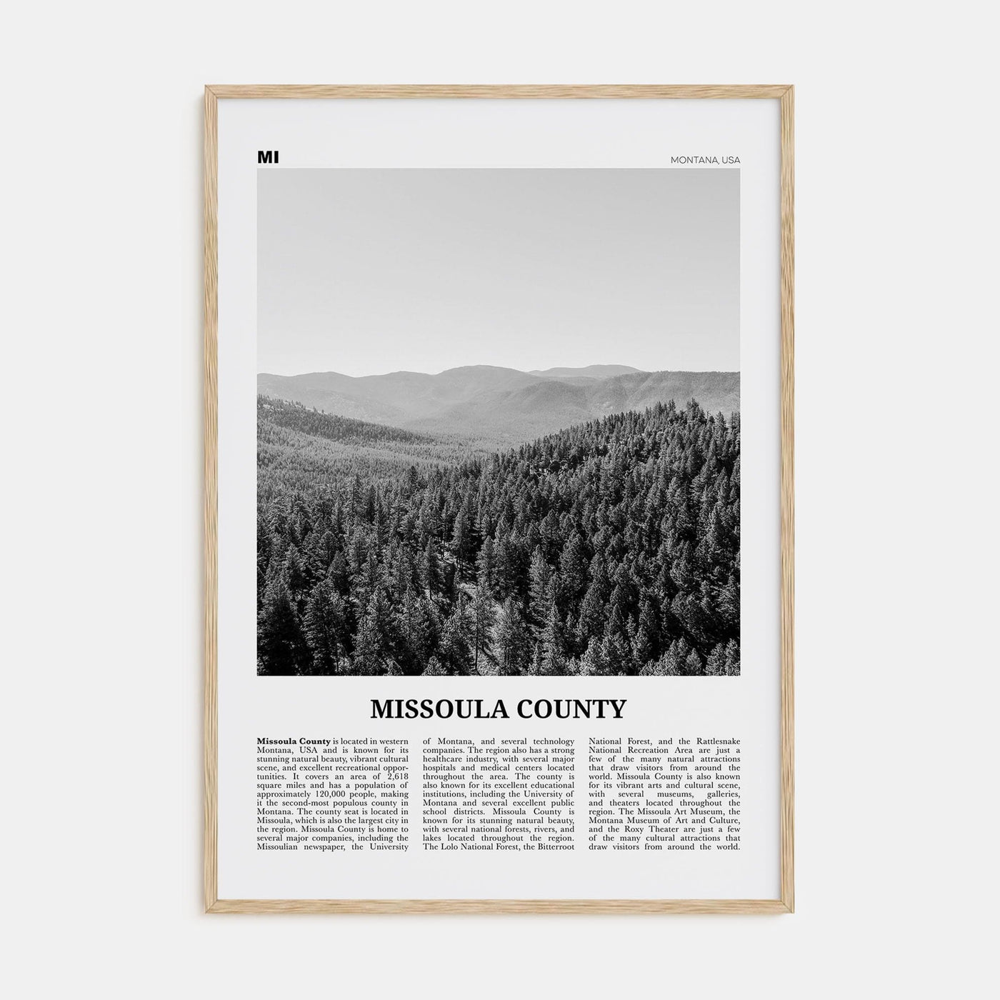 Missoula County Poster Natural Wood / 8x12 in Nbourhood Travel B&W Poster