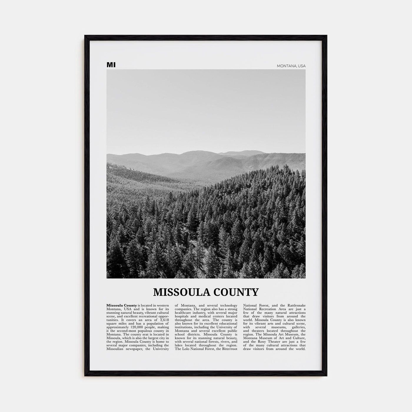 Missoula County Poster Black Wood / 8x12 in Nbourhood Travel B&W Poster