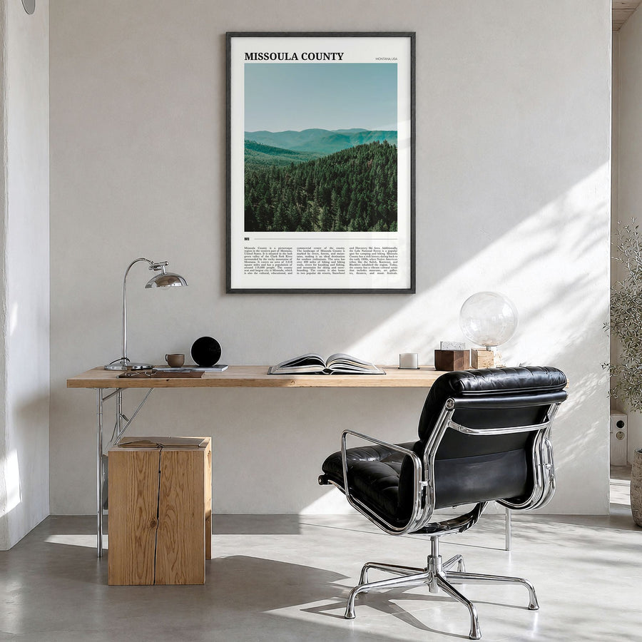 Missoula County Travel Poster in a black wood frame, hanging in a bright home office