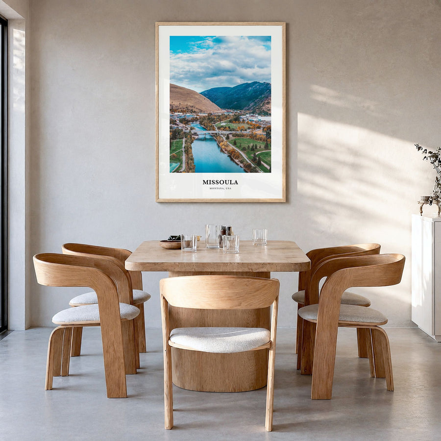 Missoula Classic Poster in a natural wood frame, hanging in a dining room