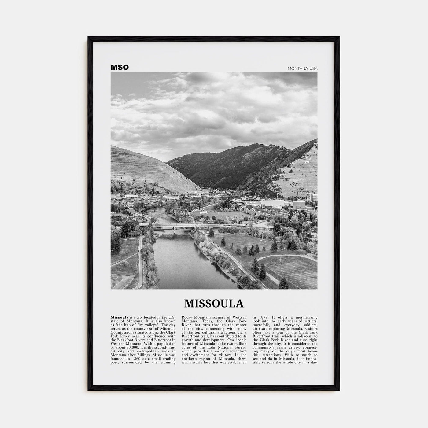 Missoula Poster Black Wood / 8x12 in Nbourhood Travel B&W Poster