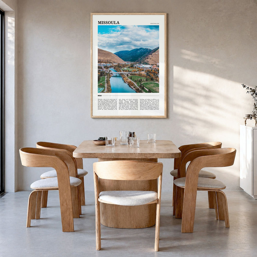 Missoula Travel Poster in a natural wood frame, hanging in a dining room