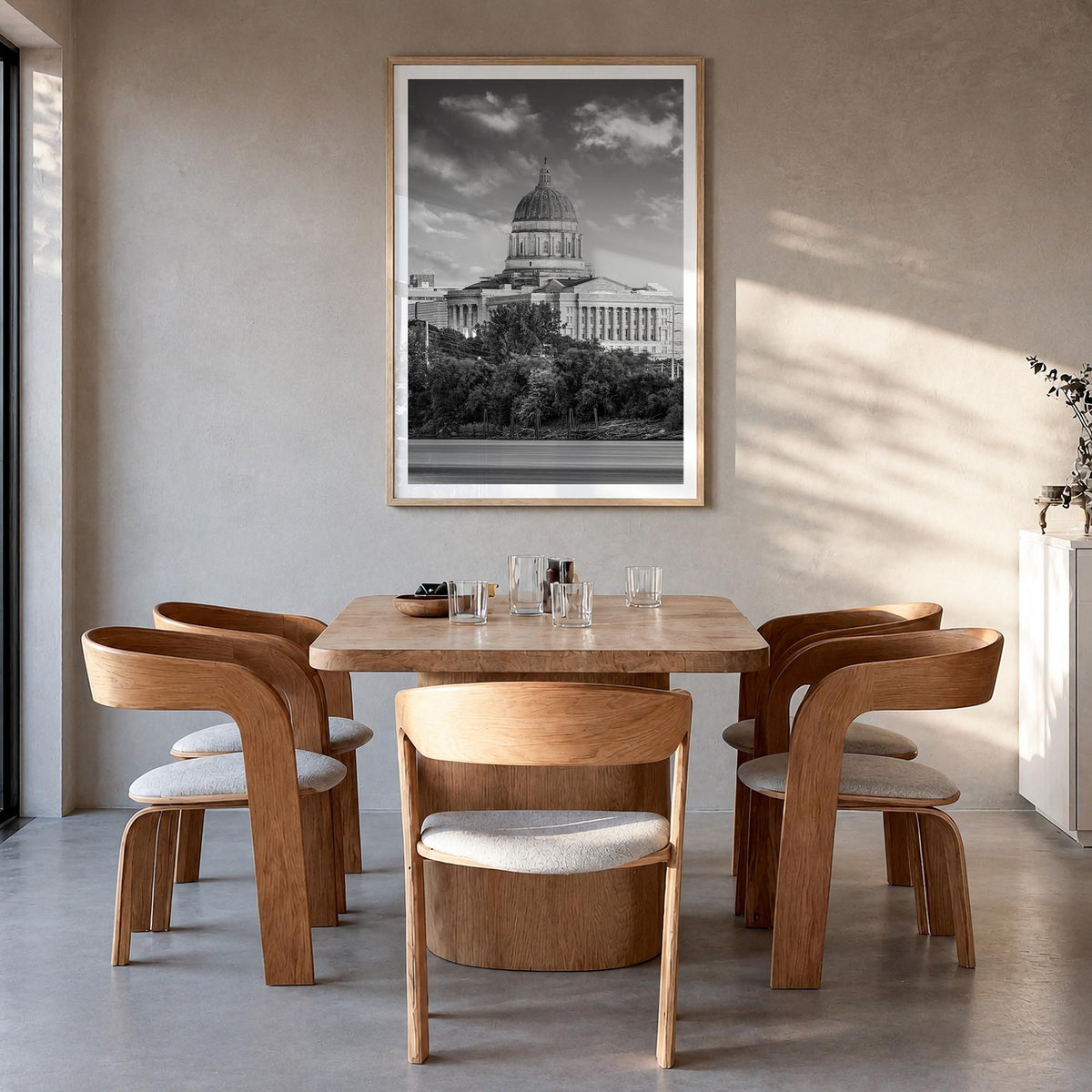 Missouri black & white photo poster of United States – vertical wall art in natural wood frame with white border, hanging on 