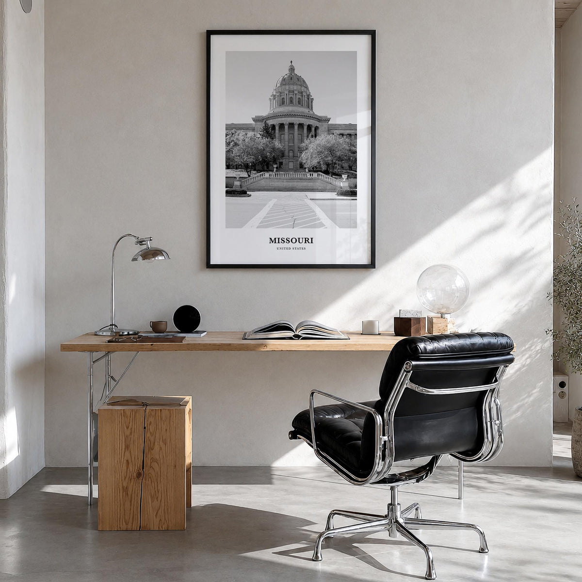 Missouri no. 1 black & white classic poster of United States – vertical wall art in black wood frame, hanging on wall