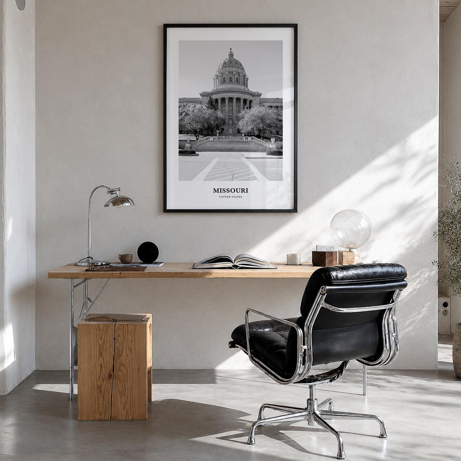 Missouri no. 1 black & white classic poster of United States – vertical wall art in black wood frame, hanging on wall
