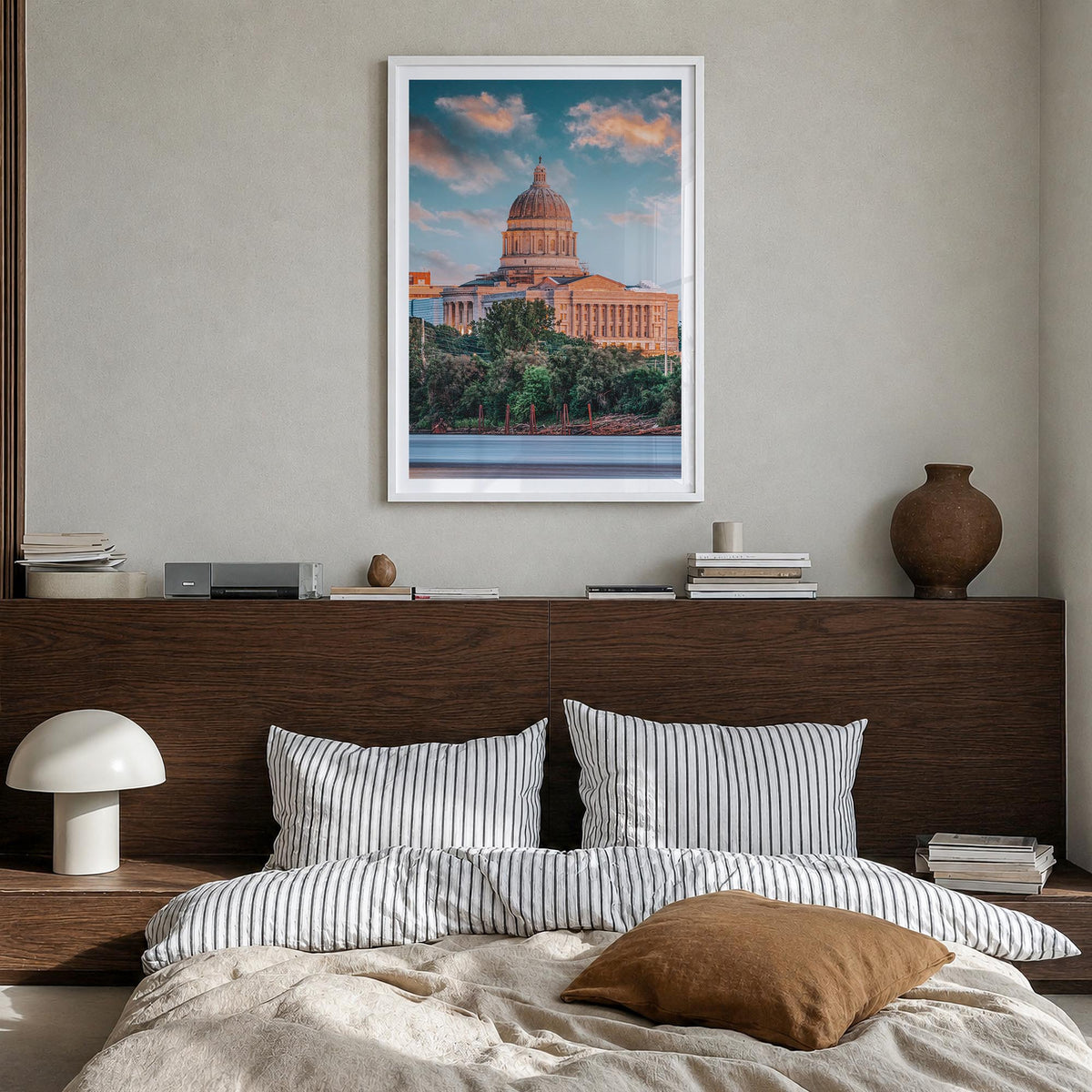 Missouri no. 1 colorful photo poster of United States – vertical wall art in white wood frame with white border, hanging on w
