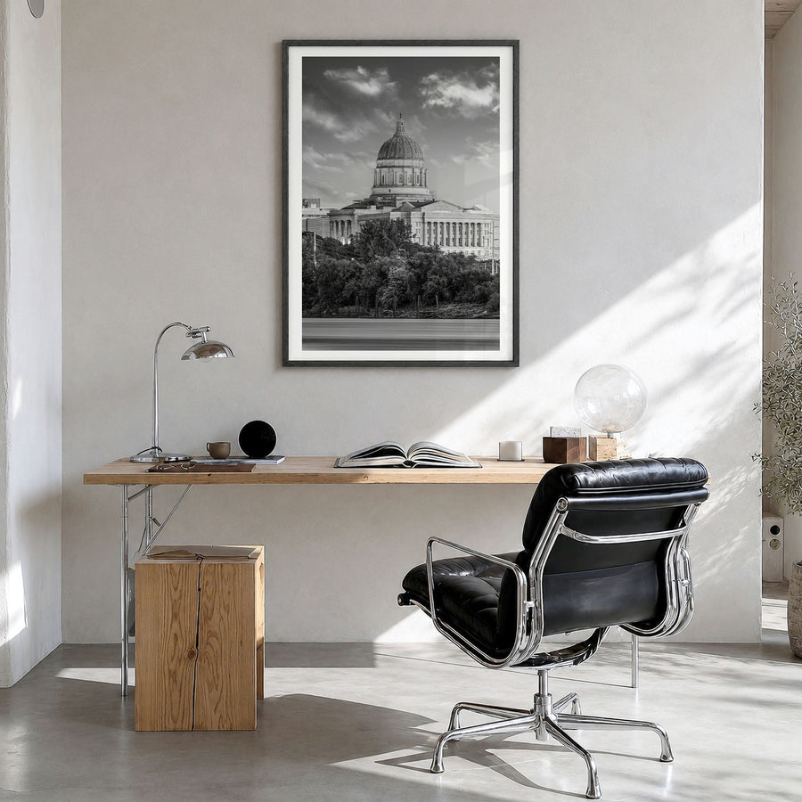 Missouri Photo Poster in a black wood frame, hanging in a bright home office, white border
