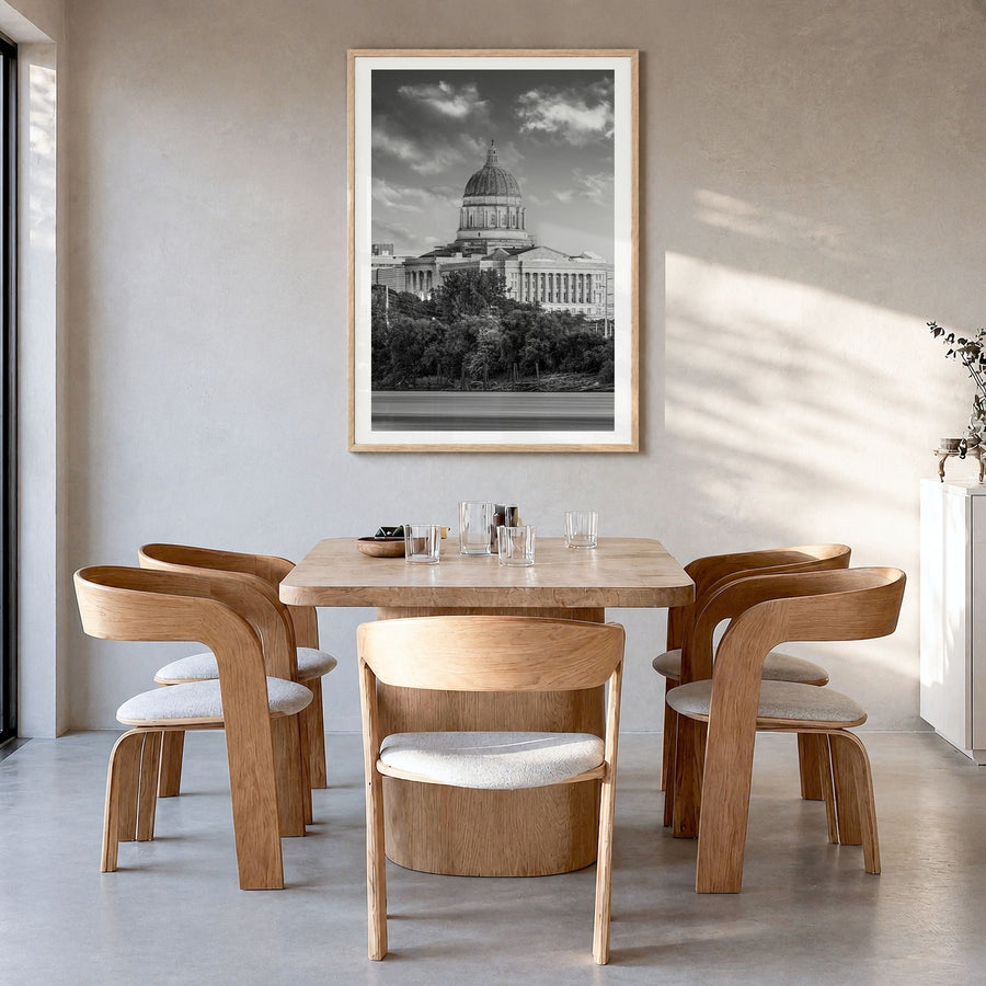 Missouri Photo Poster in a natural wood frame, hanging in a dining room, white border